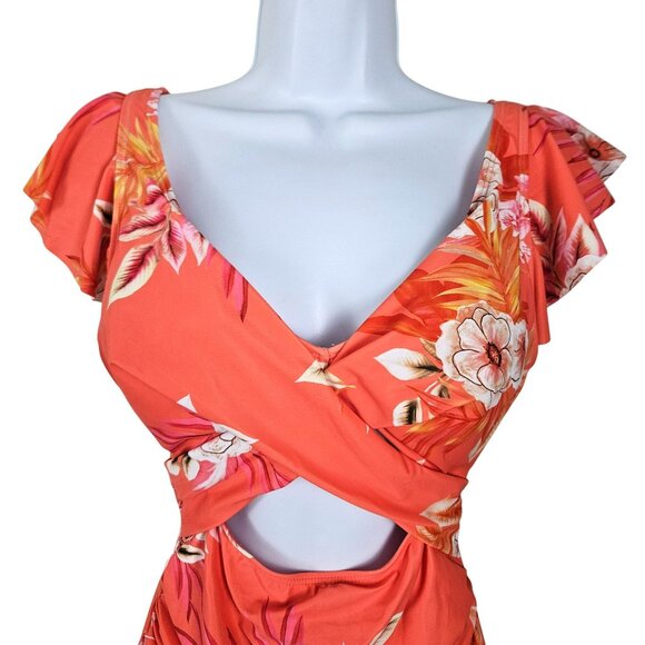 Womens Med Floral One Piece Swimsuit Ruffle Sleeves & Cutout Design V Neck Wrap - Picture 7 of 10